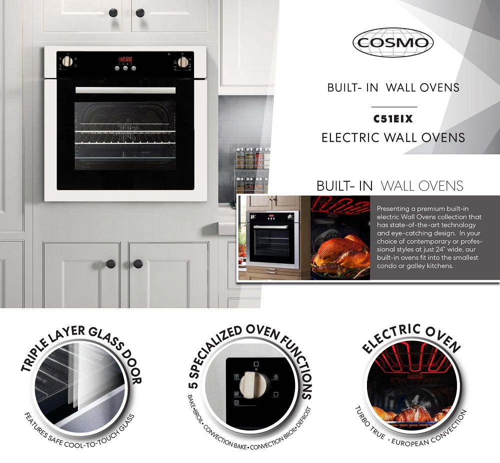 Cosmo 24 in. 2 cu. ft. Single Electric Wall Oven with 5 Functions and True European Convection